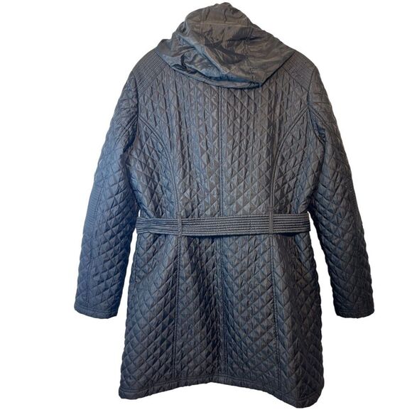 Michael Kors Ladies Quilted Trench Coat Black Large Gold Belted Hooded Jacket - Picture 9 of 16